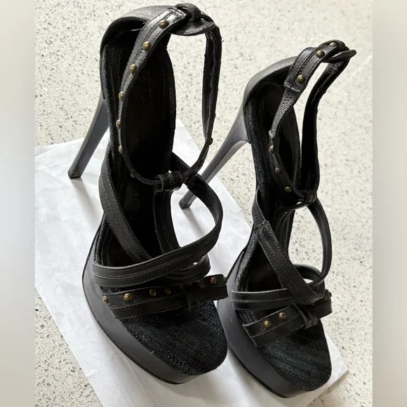 BURBERRY Strappy Denim Platform 5” Stiletto Heels - Size 7 - Picture 1 of 9